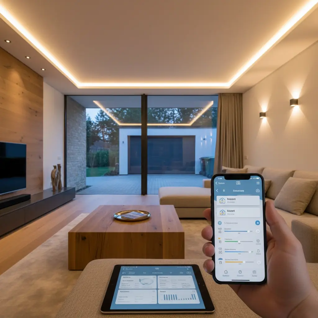 Smart-Home-Steuerung im Wohnzimmer: Beleuchtung und Klima per Tablet und Smartphone-App.
