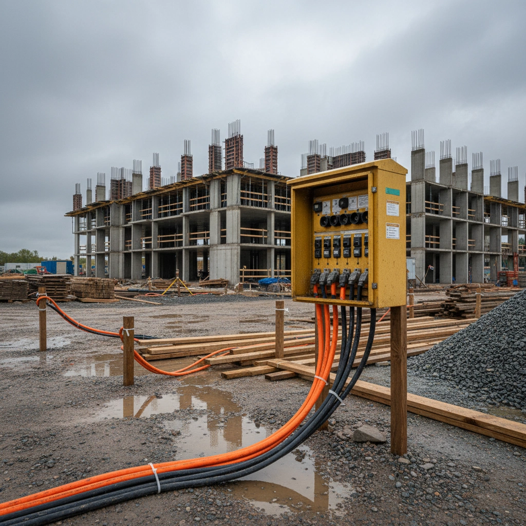 Baustromverteiler für sichere Baustromversorgung auf einer Baustelle im Rohbau.